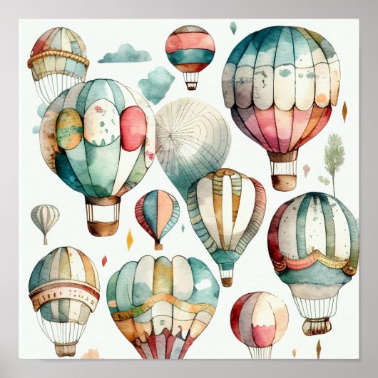 Poster Aquarelle rustique Ballons à air chaud Art Imprime (Devant)