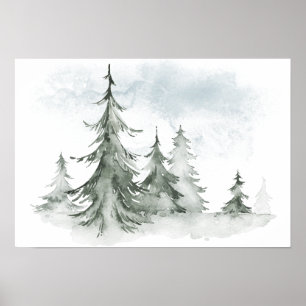 Poster Aquarelle Rustique Fir Trees Forêt hiver