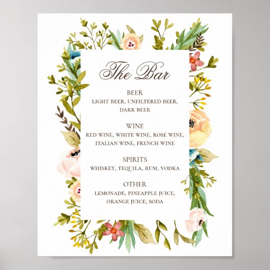 Poster Aquarelle rustique fleurie mariage menu de boisson (Devant)