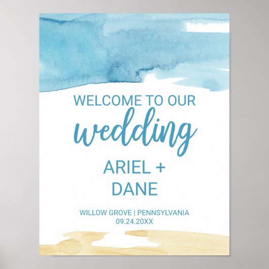 Poster Aquarelle Sable et Mariage de mer Bienvenue (Devant)