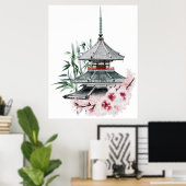 Poster Aquarelle Sakura Blossom Bambou Temple japonais (Bureau à domicile)