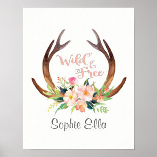 Poster Aquarelle sauvage et libre Cerf Antler et Flower