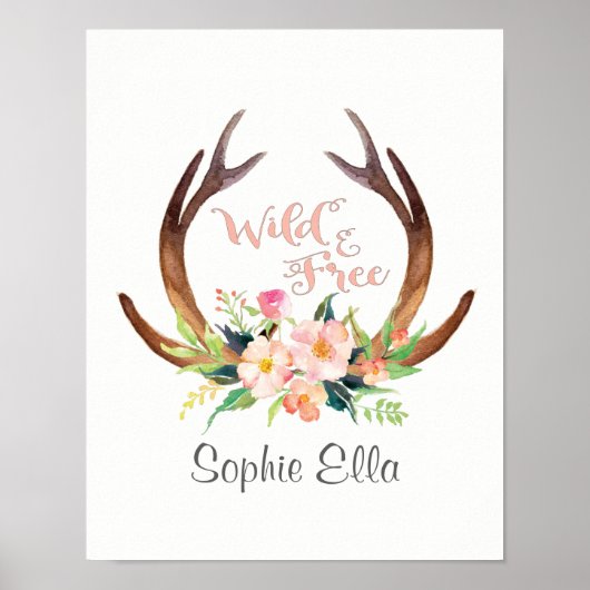 Poster Aquarelle sauvage et libre Cerf Antler et Flower (Devant)