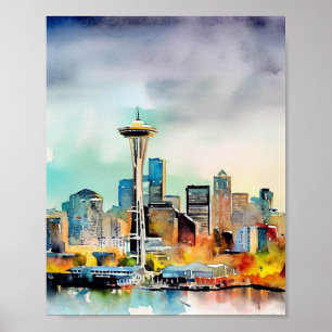 Poster Aquarelle Seattle Washington City Skyline
