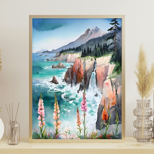 Poster Aquarelle Serene Fleur sauvage du paysage côtier