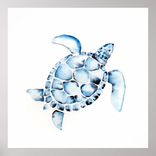 Poster Aquarelle simple Peinture de tortue de mer bleu (Devant)