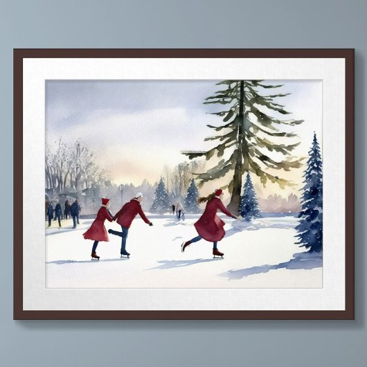 Poster Aquarelle Simplistique Patinage sur glace Étang d'