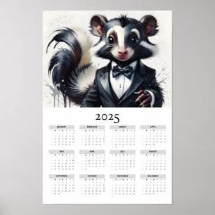 Poster Aquarelle Skunk Portant Tuxedo 2025 Calendrier des