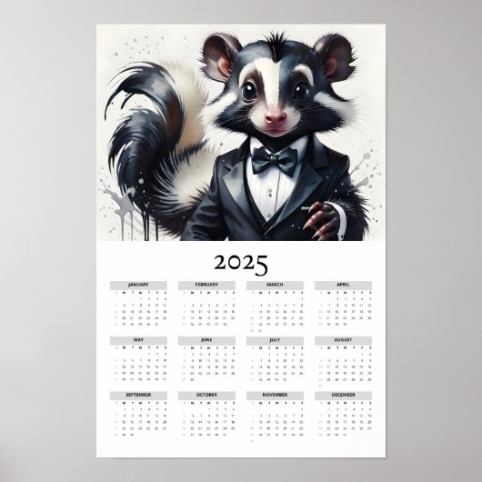 Poster Aquarelle Skunk Portant Tuxedo 2025 Calendrier des (Devant)
