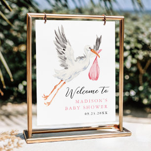 Poster Aquarelle Stork Baby shower rose Bienvenue