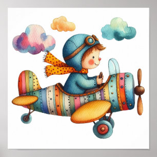 Poster Aquarelle Style Nursery Art Enfant Volant Avion