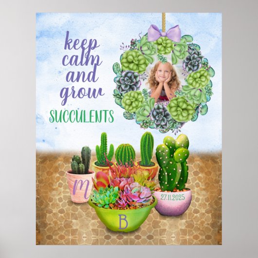 Poster Aquarelle Succulente Wreath Cactus Monogramme Phot (Devant)