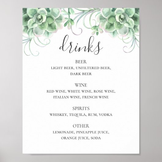 Poster Aquarelle succulents alcool mariage bar (Devant)