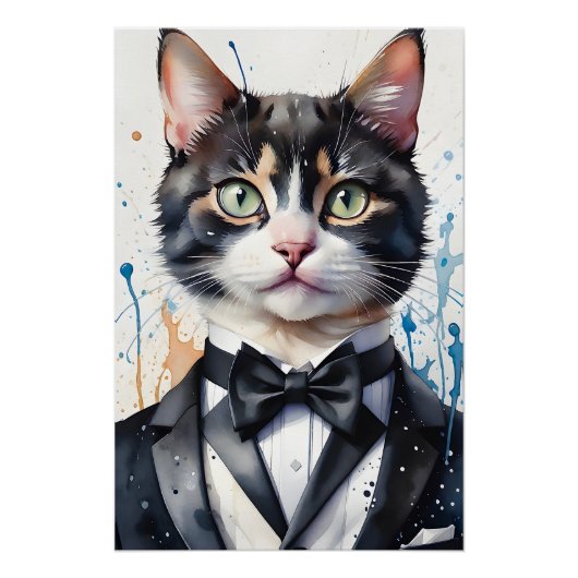 Poster Aquarelle Tabby Chat dans le gilet Tuxedo Cravate  (Devant)