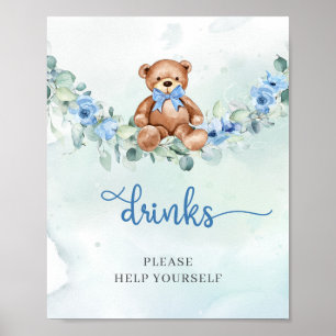 Poster Aquarelle Teddy ours bleu floral verdure boissons