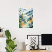 Poster Aquarelle tendance Green Pine Forest Mountain (Bureau à domicile)