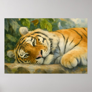 Poster Aquarelle Tigre reposant dans une verdure luxurian