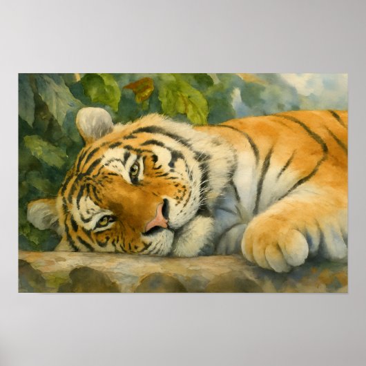 Poster Aquarelle Tigre reposant dans une verdure luxurian (Devant)