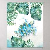 Poster Aquarelle tortue de mer et Feuilles de Monstera (Devant)