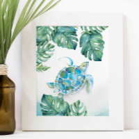 Aquarelle tortue de mer et Feuilles de Monstera