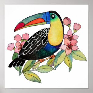 Poster Aquarelle Toucan Bird Avec Fleurs