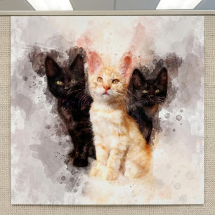 Poster Aquarelle Trio de Mignons Chatons Noirs et Orange
