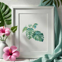 Aquarelle Tropical Green Monstera Palm Leaf