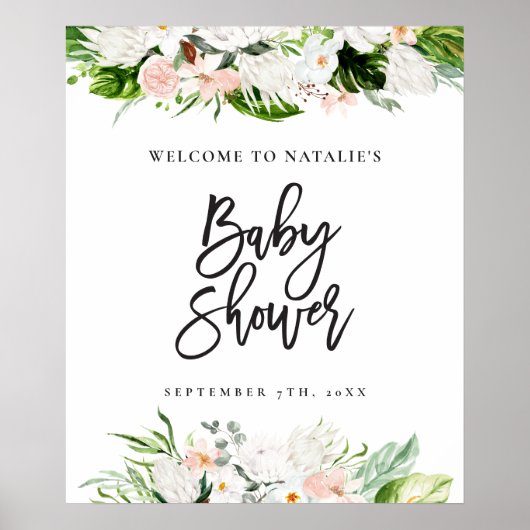 Poster Aquarelle tropicale baby shower fleuri accueil (Devant)