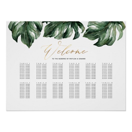 Poster Aquarelle tropicale et dorée mariage plan (Devant)