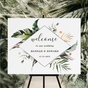 Poster Aquarelle tropicale Feuillage Vert Mariage Bienven