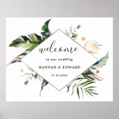 Poster Aquarelle tropicale Feuillage Vert Mariage Bienven (Devant)