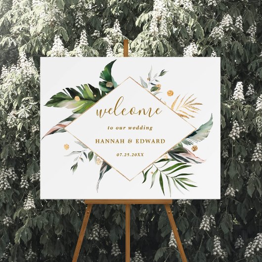 Poster Aquarelle Tropicale Foliage Gold Mariage Bienvenue