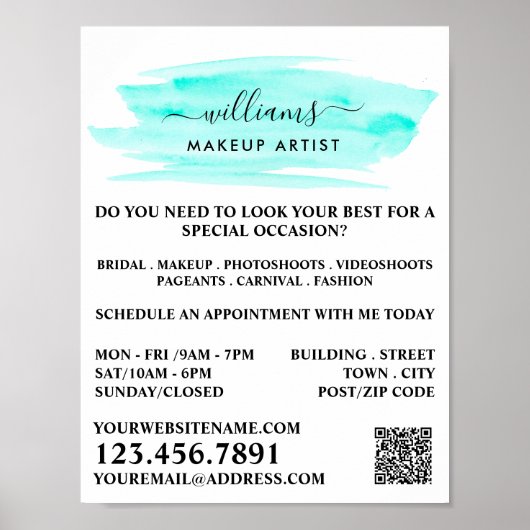 Poster Aquarelle Turquoise brosse Artiste maquillage (Devant)