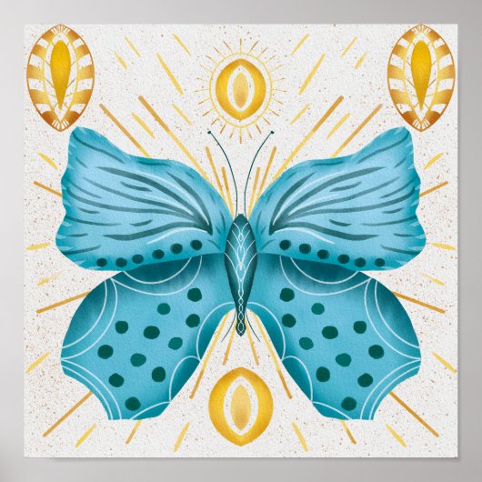 Poster Aquarelle Turquoise Papillon Soleil céleste (Devant)