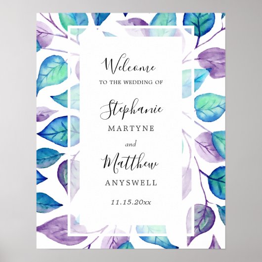 Poster Aquarelle Turquoise violet Feuille Mariage de feui (Devant)
