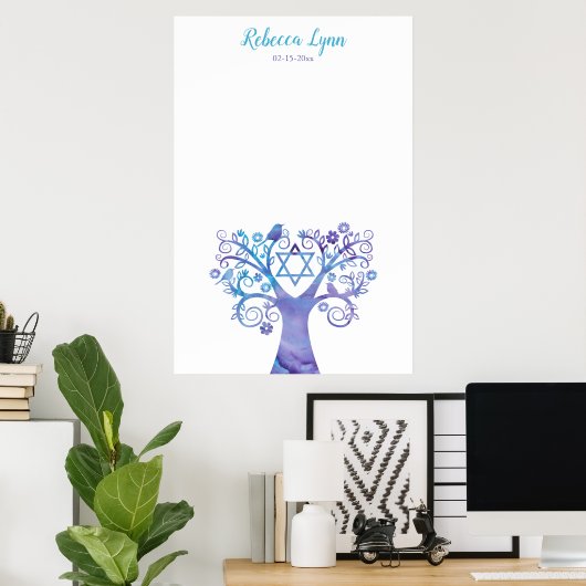Poster Aquarelle Turquoise violette Arbre Bat mitzvah de  (Bureau à domicile)