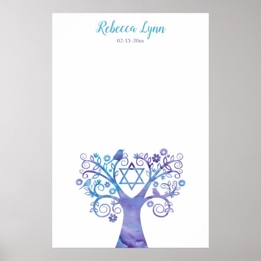 Poster Aquarelle Turquoise violette Arbre Bat mitzvah de (Devant)
