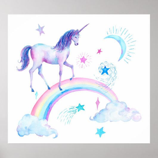 Poster Aquarelle Unicorne et arc-en-ciel (Devant)