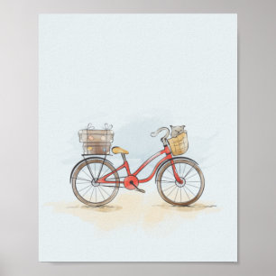 Poster Aquarelle vélo rouge et chat