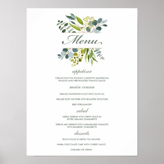 Poster Aquarelle verdure feuillage Mariage Menu Signe (Devant)