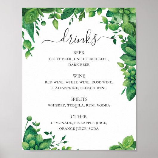 Poster Aquarelle verdure feuillage menu boissons mariage (Devant)