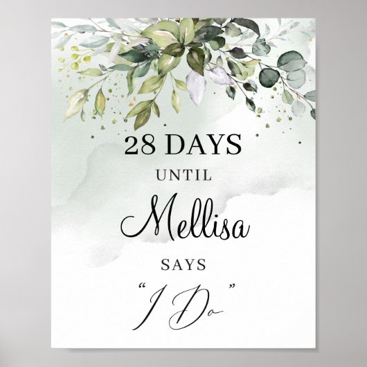 Poster Aquarelle vert feuillage boho compte à rebours (Devant)