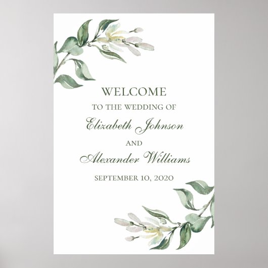 Poster Aquarelle vert fleurie signe mariage de bienvenue (Devant)