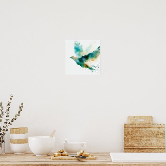 Poster Aquarelle vert oiseau dans l'affiche d'art en vol (Cuisine)