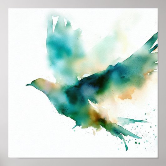 Poster Aquarelle vert oiseau dans l'affiche d'art en vol (Devant)