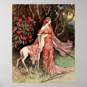 Poster Aquarelle victorienne de la femme avec cerf
