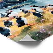 Poster Aquarelle Vik Islande Puffins (Coin)