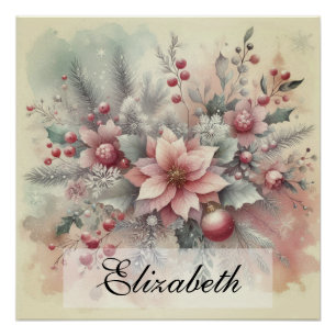 Poster Aquarelle vintage Fleur de Noël et ornements