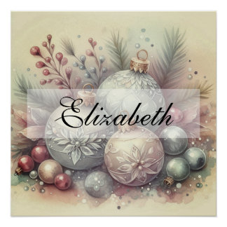 Poster Aquarelle vintage Pastel Ornements de Noël