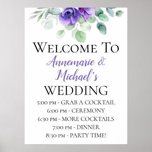 Poster Aquarelle violet Anémones Mariage Bienvenue (Devant)